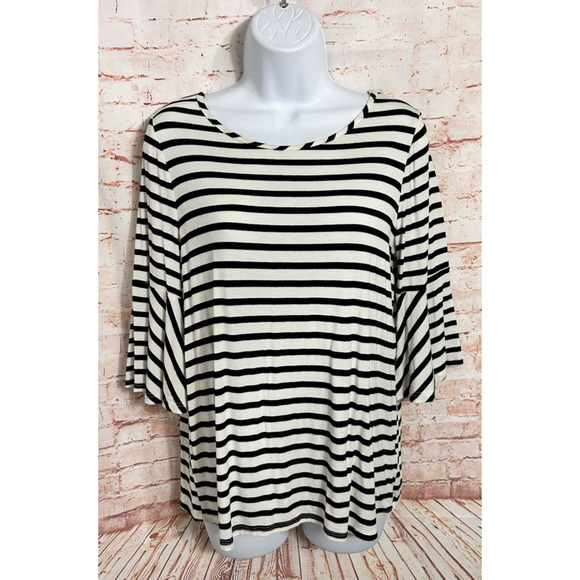 Green Envelope Black and White Striped Blouse Sz M Bell Half Sleeve Top - Picture 6 of 6
